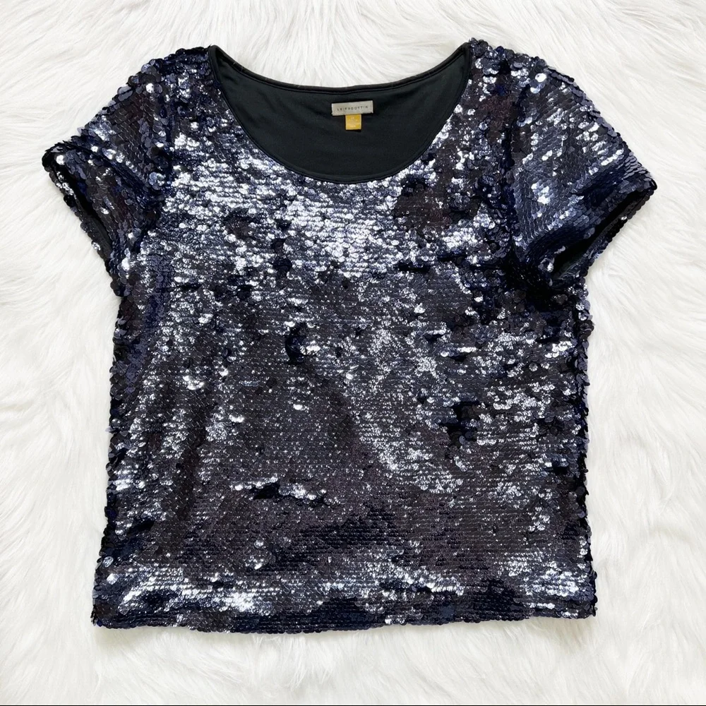 SOLD-Anthropologie Blue Jewel Tone Sequin Short Sleeve Blouse Tee - Picture 9 of 11